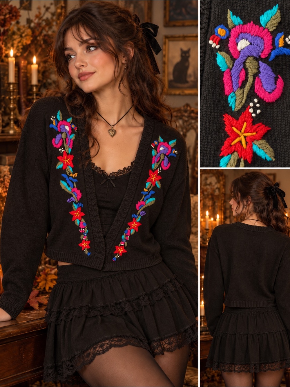 Vintage Alibi Black Embroidered Floral Cardigan 100% Cotton |Large| Boho Indie